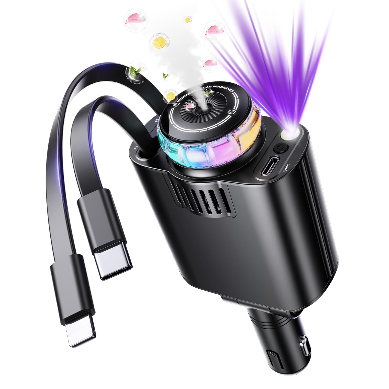 Retractable Car Charger with Aromatherapy and Starlight, 5 in 1 USB C Car Charger Adapter, 69W Fast Charging Cars Phone Chargers, Cars Air Freshener Compatible with iPhone 17 16 15 14 13 and Android